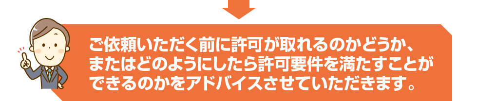 ご依頼いただく前に許可が取れるのかどうか、またはどのようにしたら許可要件を満たすことができるのかをアドバイスさせていただきます。