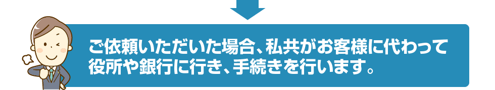 ご依頼いただいた場合、私共がお客様に代わって役所や銀行に行き、手続きを行います。