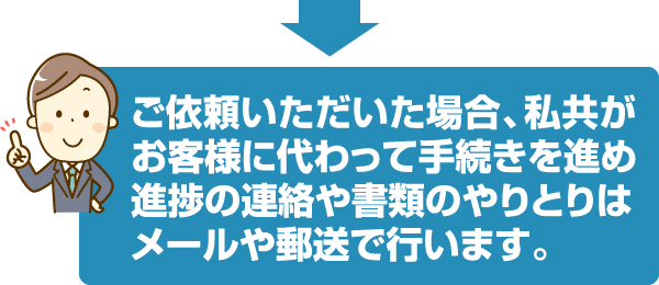 ご依頼いただいた場合、私共がお客様に代わって手続きを進め、進捗の連絡や書類のやりとりはメールや郵送で行います。