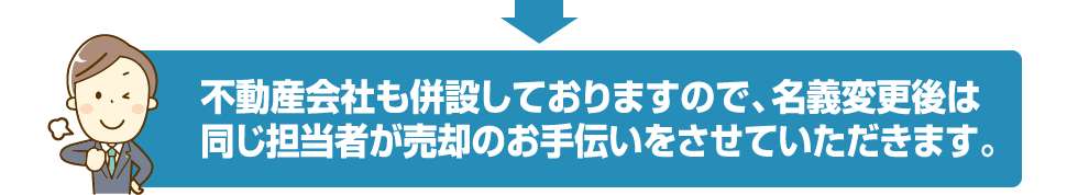 不動産会社も併設しておりますので、名義変更後は同じ担当者が売却のお手伝いをさせていただきます。